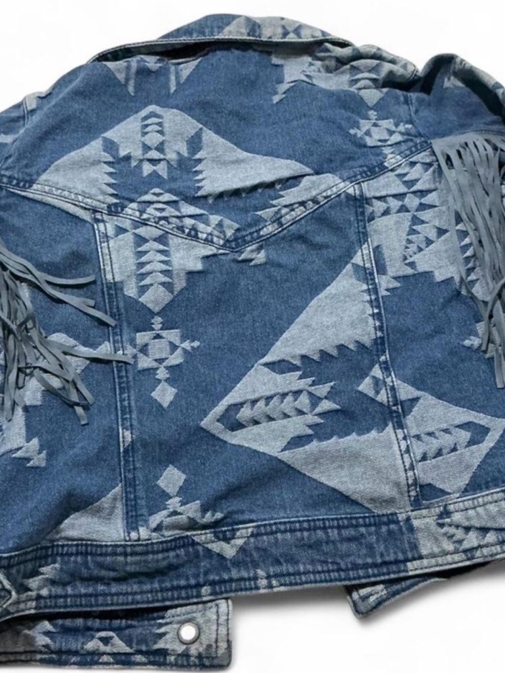 Rock & Roll Denim Aztec Western Fringe Denim Jacket Sz Large Festival Country - Picture 6 of 7